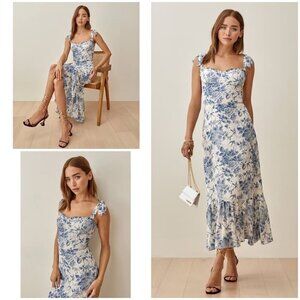 💕REFORMATION💕 The Nikita Dress ~ Pompadour Blue Floral Bird Print 10 NWOT